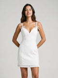 White Stretch Knit A-Line Sweetheart Back Zip Mini Homecoming Dress with Pleats - Curvevia