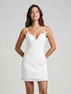White Stretch Knit A-Line Sweetheart Back Zip Mini Homecoming Dress with Pleats - Curvevia