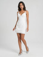 White Stretch Knit A-Line Sweetheart Back Zip Mini Homecoming Dress with Pleats - Curvevia