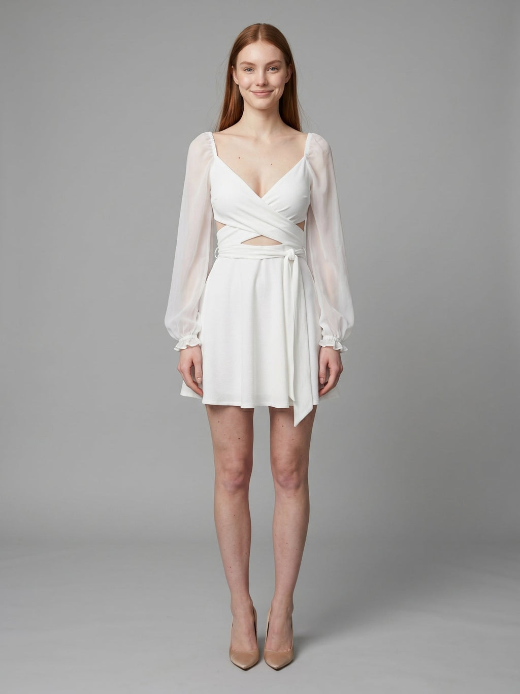 White Stretch Knit A-Line V-Neck Backless Knee-Length Bridesmaid Dress - Curvevia