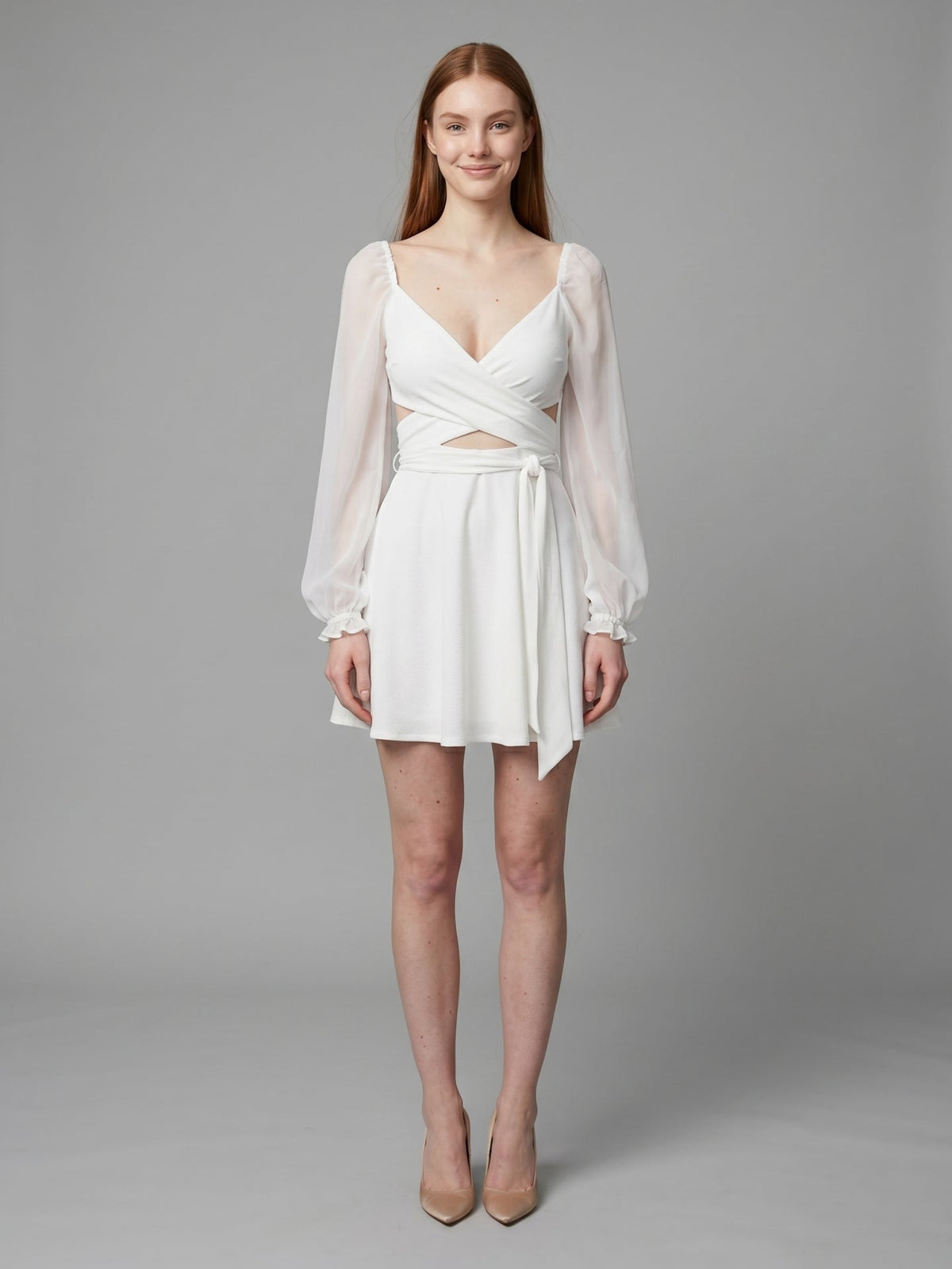 White Stretch Knit A-Line V-Neck Backless Knee-Length Bridesmaid Dress - Curvevia