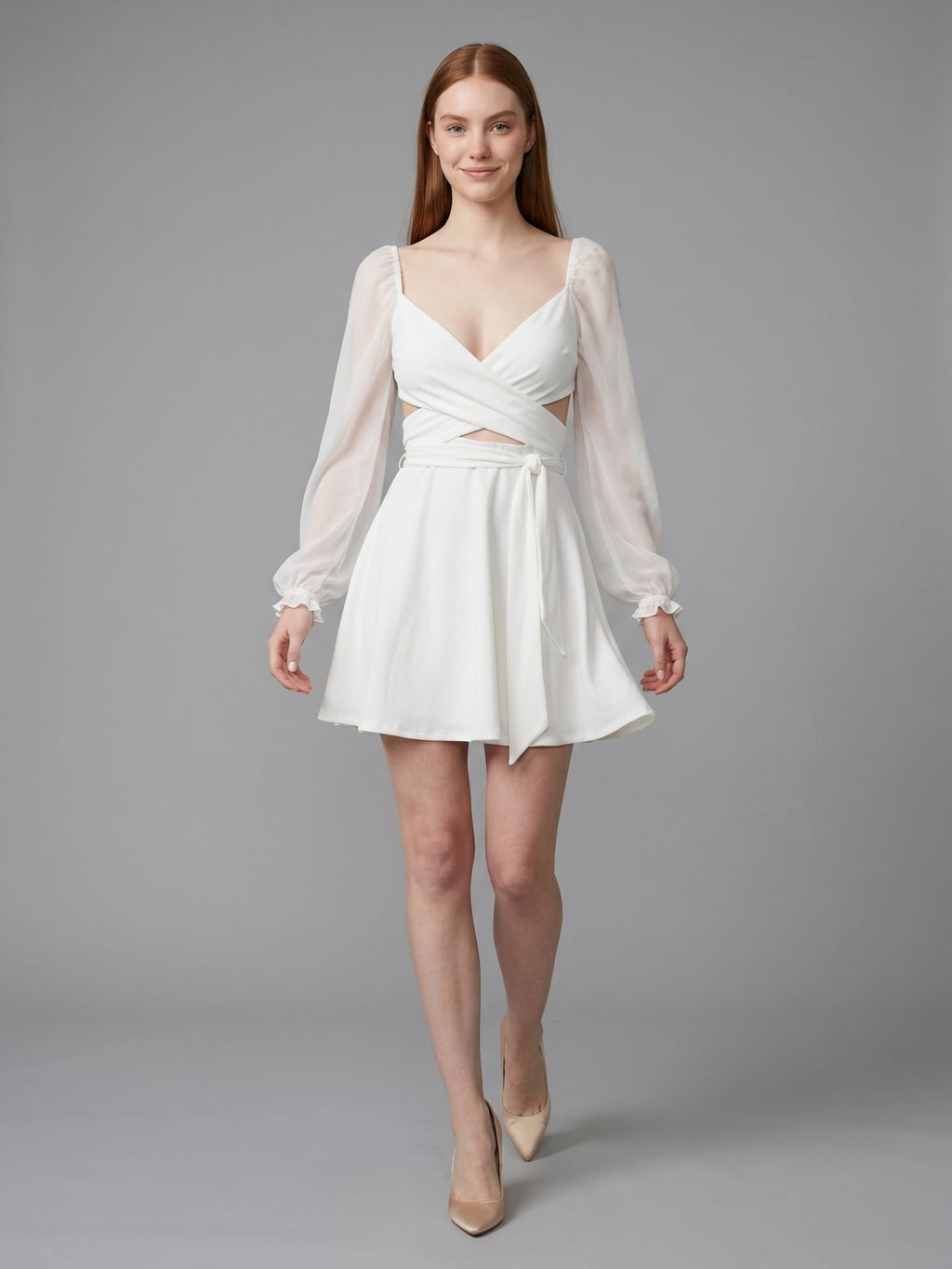 White Stretch Knit A-Line V-Neck Backless Knee-Length Bridesmaid Dress - Curvevia