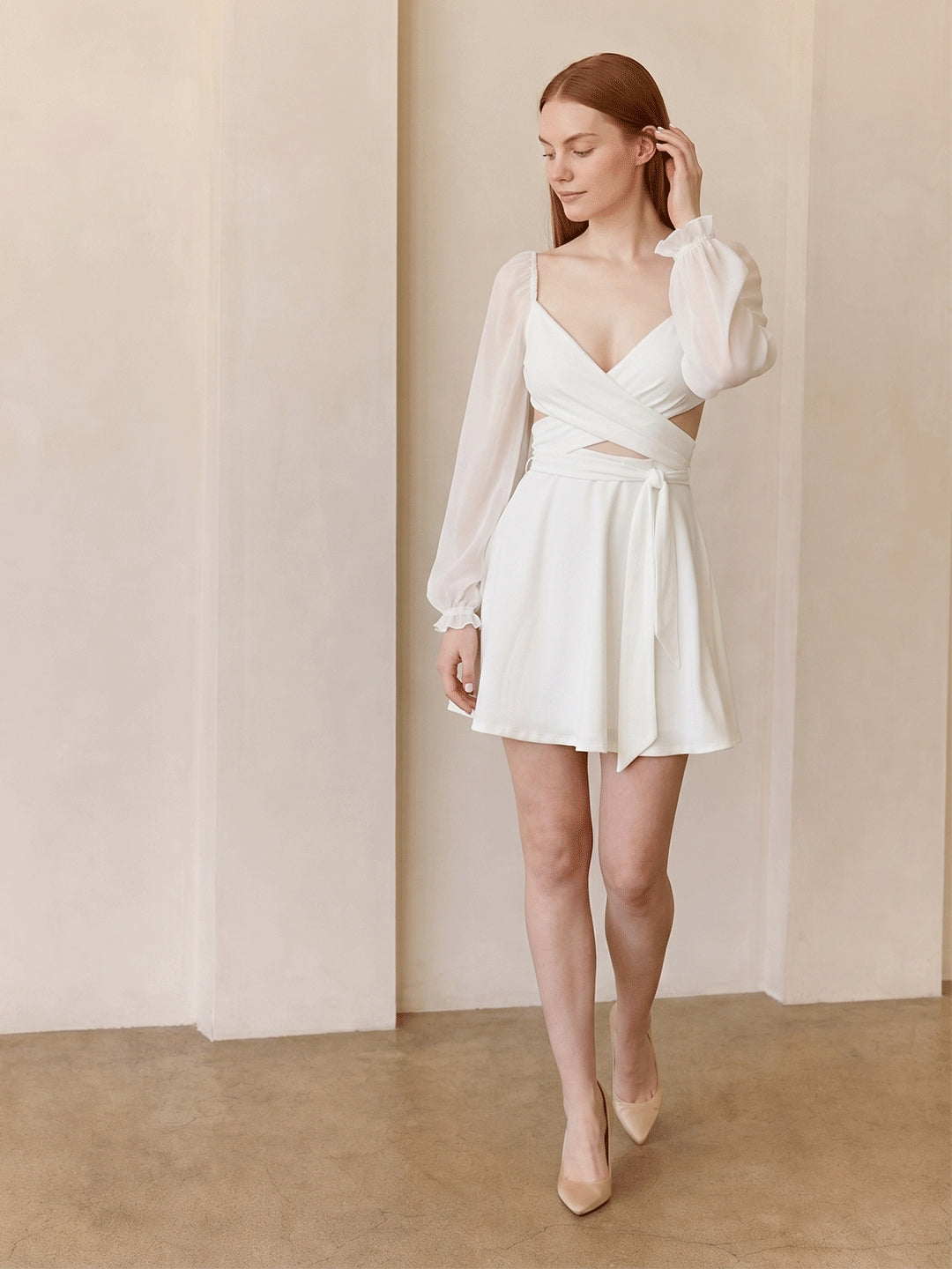 White Stretch Knit A-Line V-Neck Backless Knee-Length Bridesmaid Dress - Curvevia