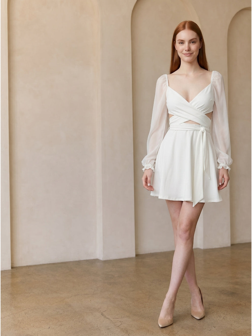 White Stretch Knit A-Line V-Neck Backless Knee-Length Bridesmaid Dress - Curvevia