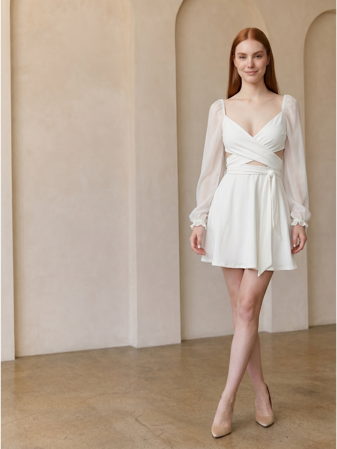 White Stretch Knit A-Line V-Neck Backless Knee-Length Bridesmaid Dress - Curvevia