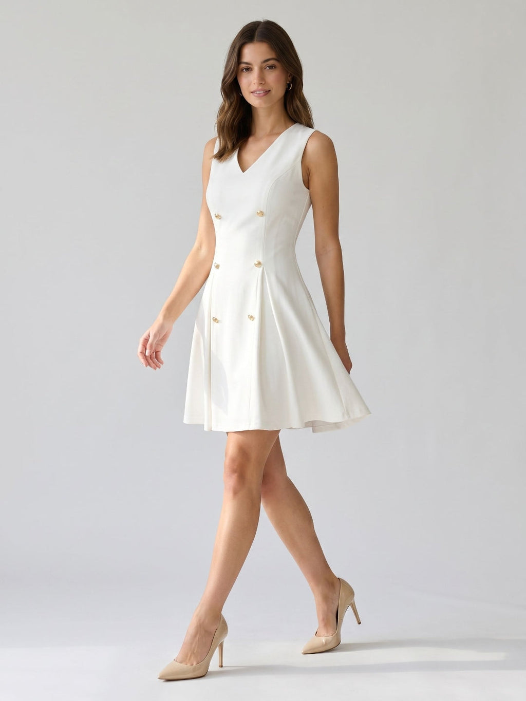 White Stretch Knit A-Line V-Neck Short Dress with Pleating - Curvevia