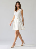 White Stretch Knit A-Line V-Neck Short Dress with Pleating - Curvevia
