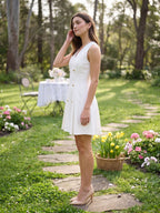 White Stretch Knit A-Line V-Neck Short Dress with Pleating - Curvevia
