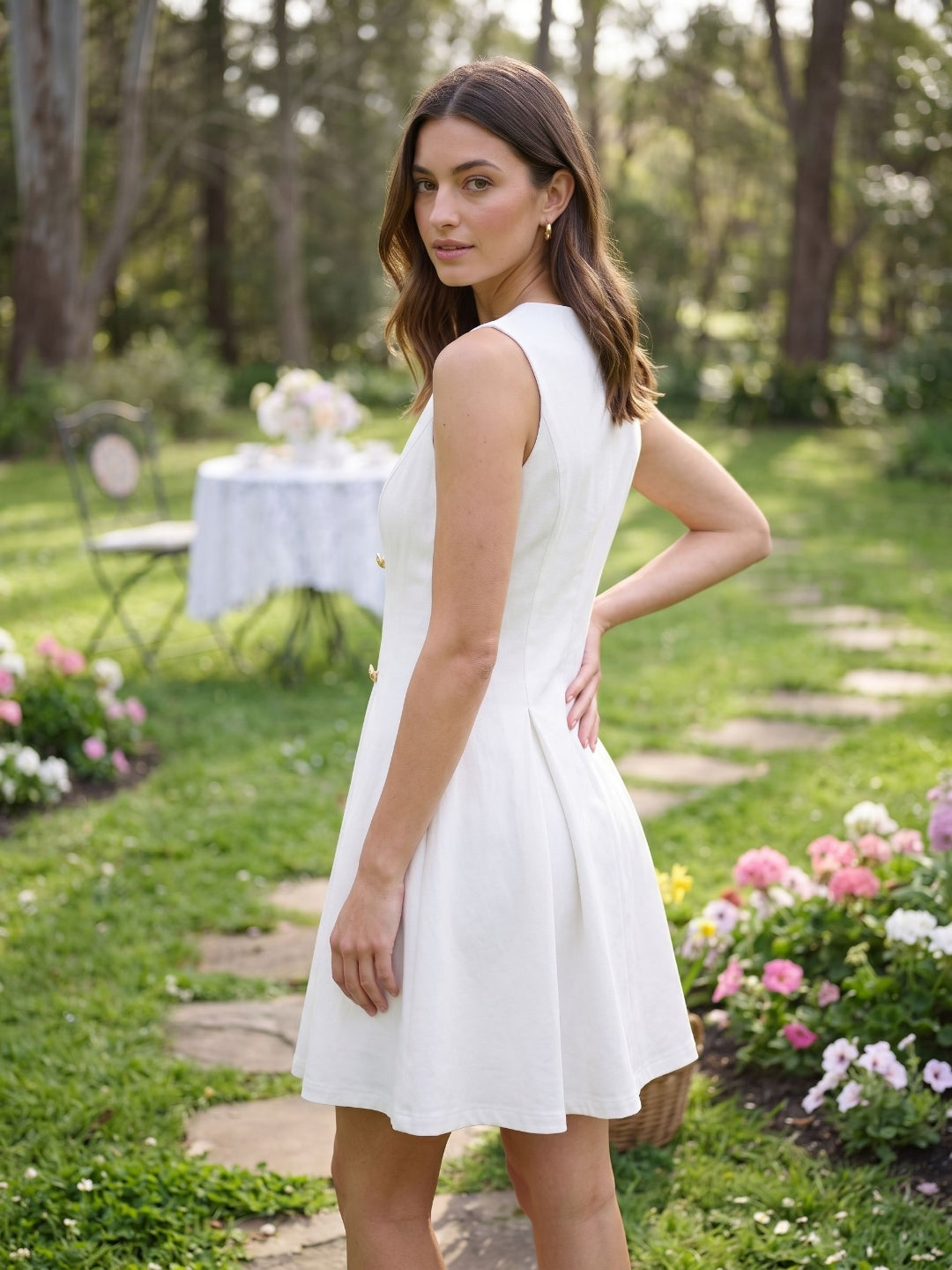 White Stretch Knit A-Line V-Neck Short Dress with Pleating - Curvevia
