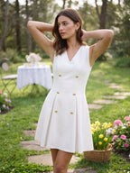 White Stretch Knit A-Line V-Neck Short Dress with Pleating - Curvevia
