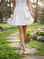 White Stretch Knit A-Line V-Neck Short Dress with Pleating - Curvevia