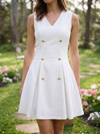 White Stretch Knit A-Line V-Neck Short Dress with Pleating - Curvevia