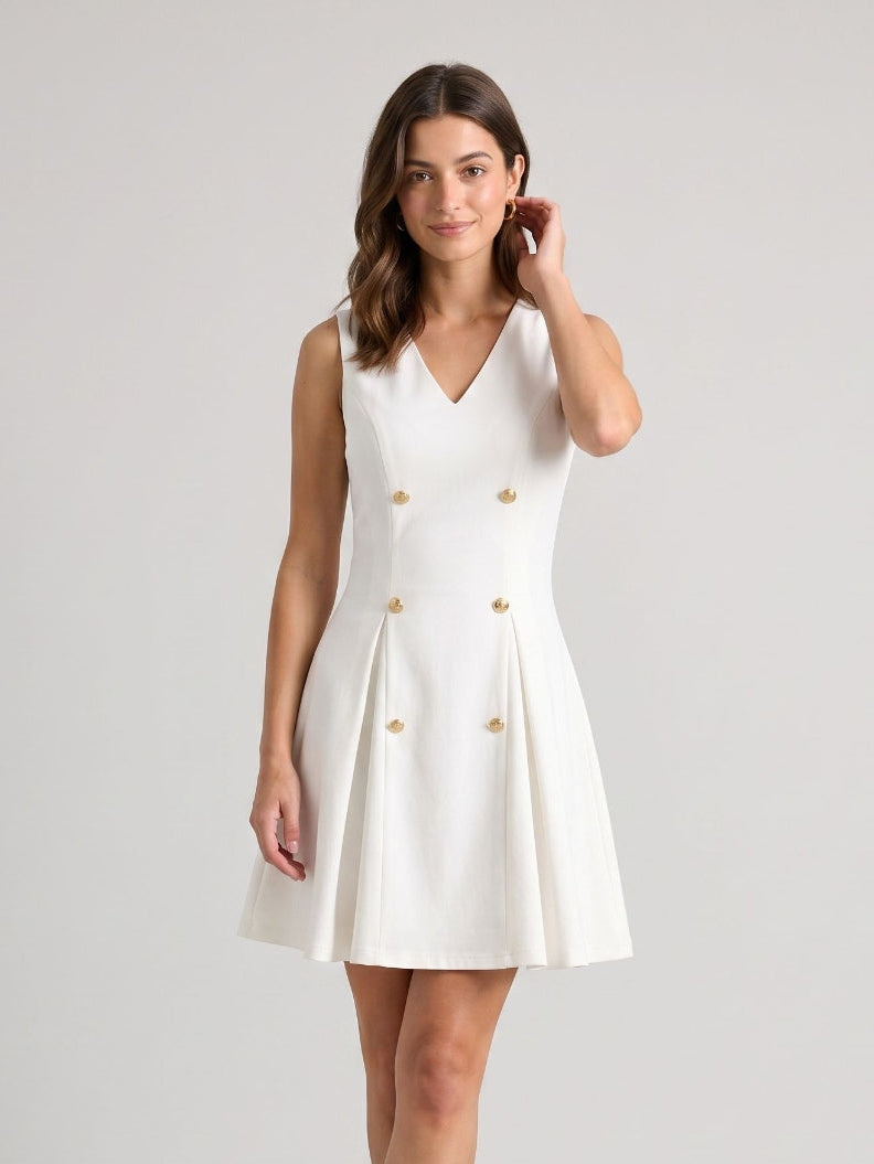 White Stretch Knit A-Line V-Neck Short Dress with Pleating - Curvevia