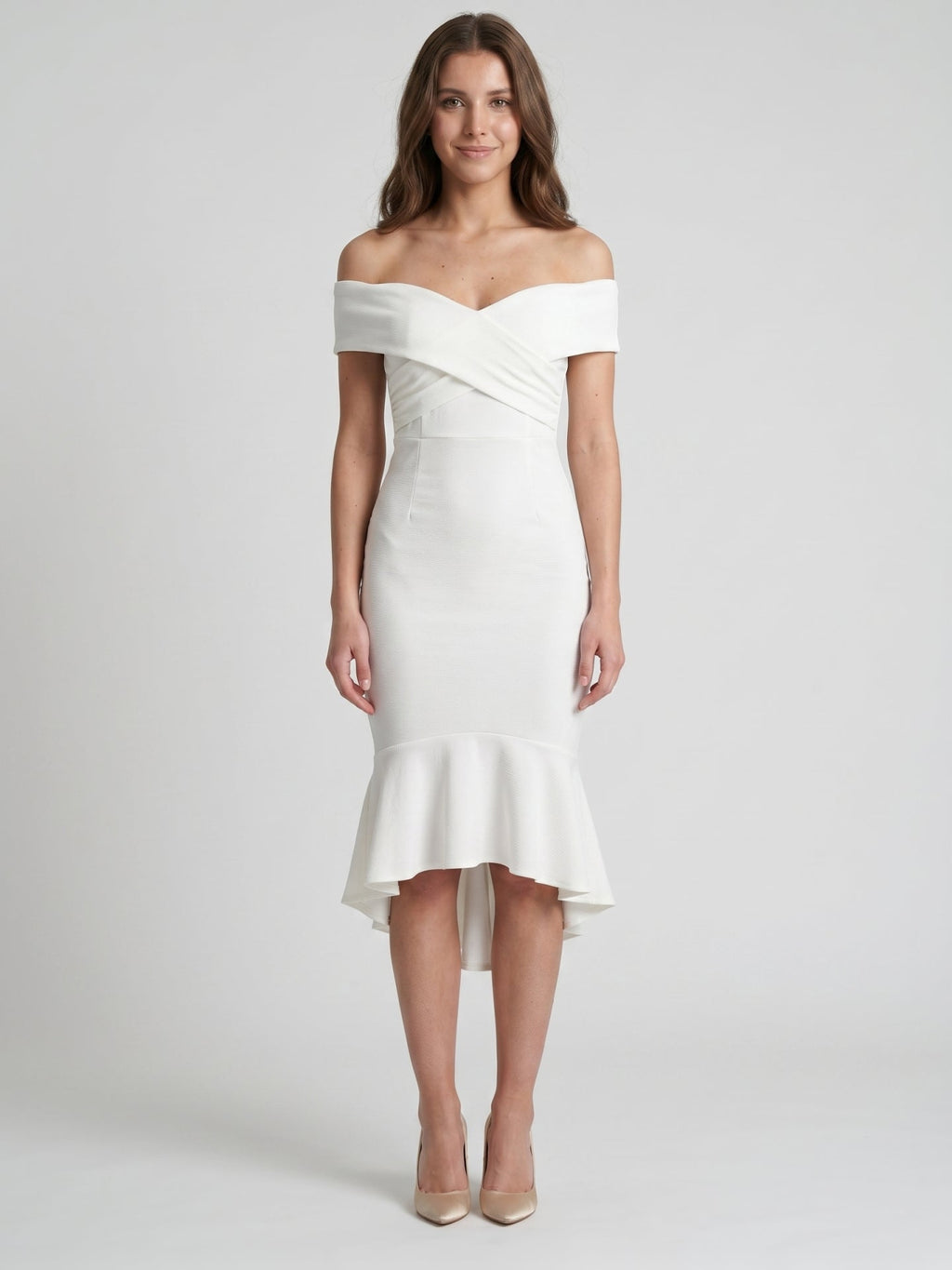 White Stretch Knit Sheath Off-the-Shoulder Back Zip Tea-Length Ruffle Bridesmaid Dress - Curvevia
