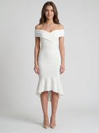 White Stretch Knit Sheath Off-the-Shoulder Back Zip Tea-Length Ruffle Bridesmaid Dress - Curvevia