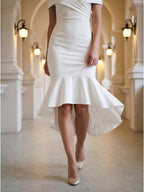 White Stretch Knit Sheath Off-the-Shoulder Back Zip Tea-Length Ruffle Bridesmaid Dress - Curvevia