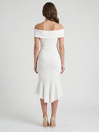 White Stretch Knit Sheath Off-the-Shoulder Back Zip Tea-Length Ruffle Bridesmaid Dress - Curvevia