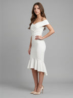 White Stretch Knit Sheath Off-the-Shoulder Back Zip Tea-Length Ruffle Bridesmaid Dress - Curvevia