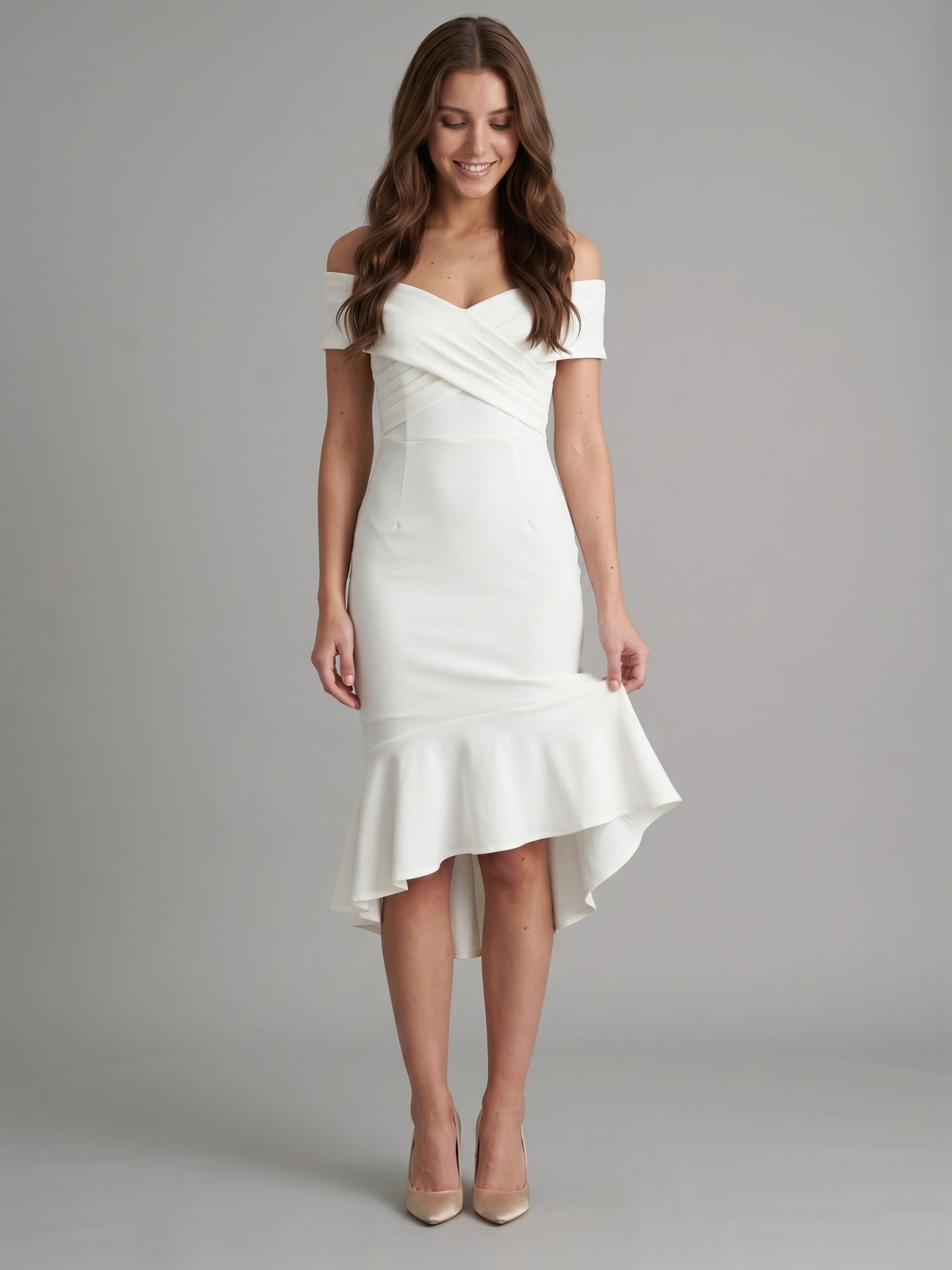 White Stretch Knit Sheath Off-the-Shoulder Back Zip Tea-Length Ruffle Bridesmaid Dress - Curvevia
