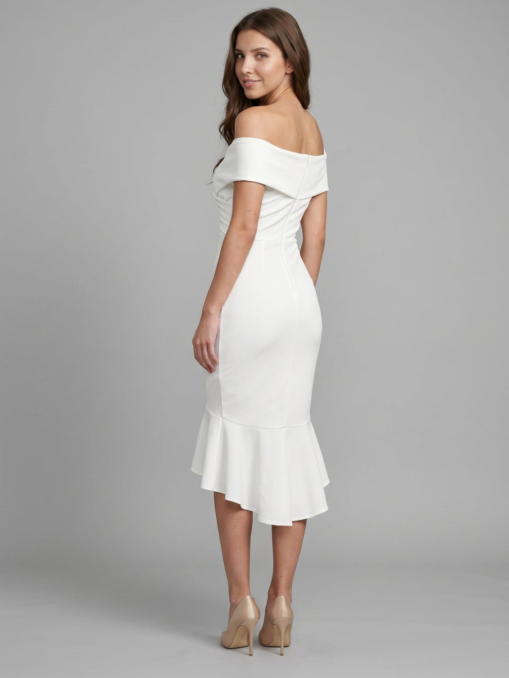 White Stretch Knit Sheath Off-the-Shoulder Back Zip Tea-Length Ruffle Bridesmaid Dress - Curvevia