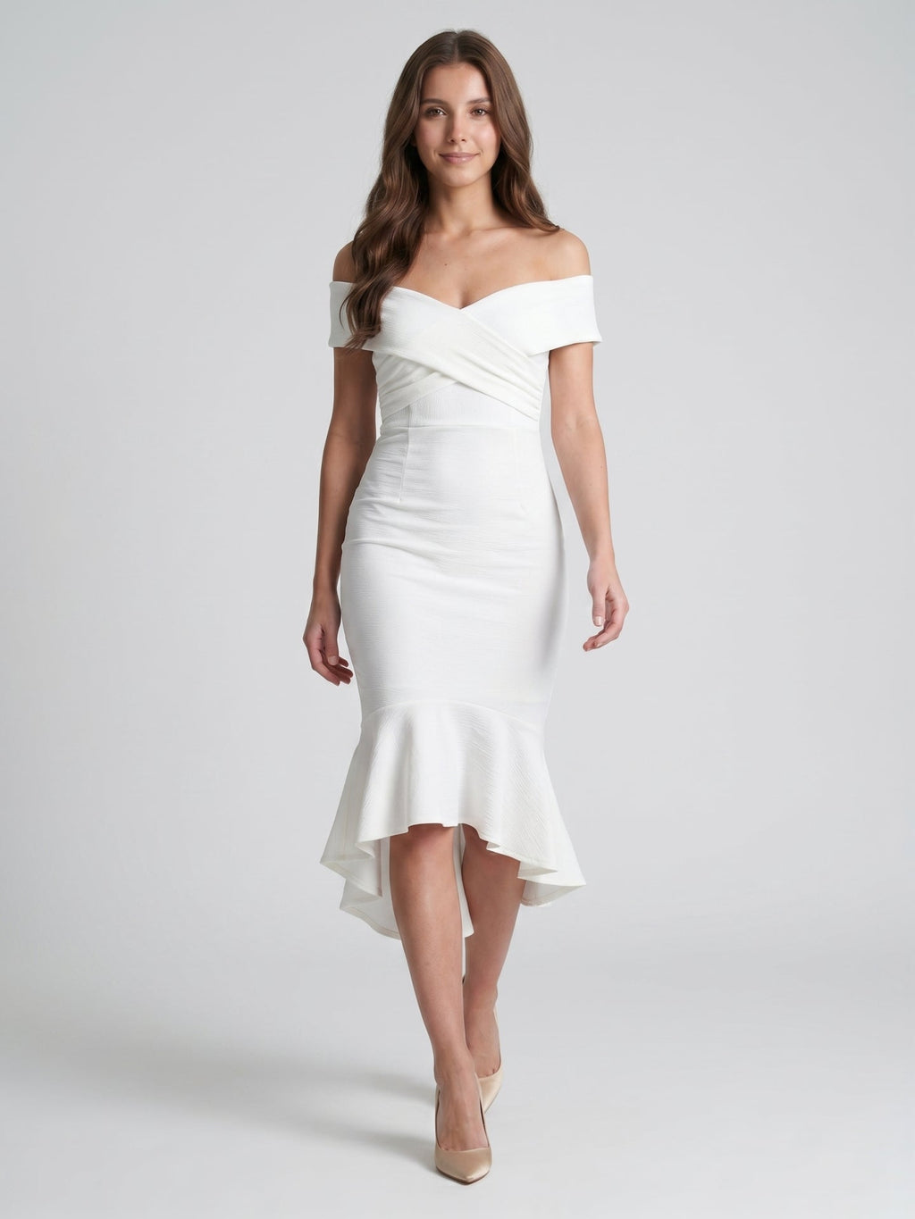 White Stretch Knit Sheath Off-the-Shoulder Back Zip Tea-Length Ruffle Bridesmaid Dress - Curvevia