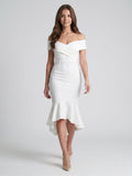 White Stretch Knit Sheath Off-the-Shoulder Back Zip Tea-Length Ruffle Bridesmaid Dress - Curvevia
