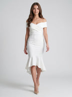 White Stretch Knit Sheath Off-the-Shoulder Back Zip Tea-Length Ruffle Bridesmaid Dress - Curvevia