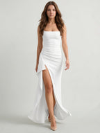 White Stretch Knit Sheath Square Neck Back Zip Floor-Length Bridesmaid Dress with Pleats - Curvevia