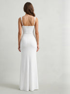 White Stretch Knit Sheath Square Neck Back Zip Floor-Length Bridesmaid Dress with Pleats - Curvevia