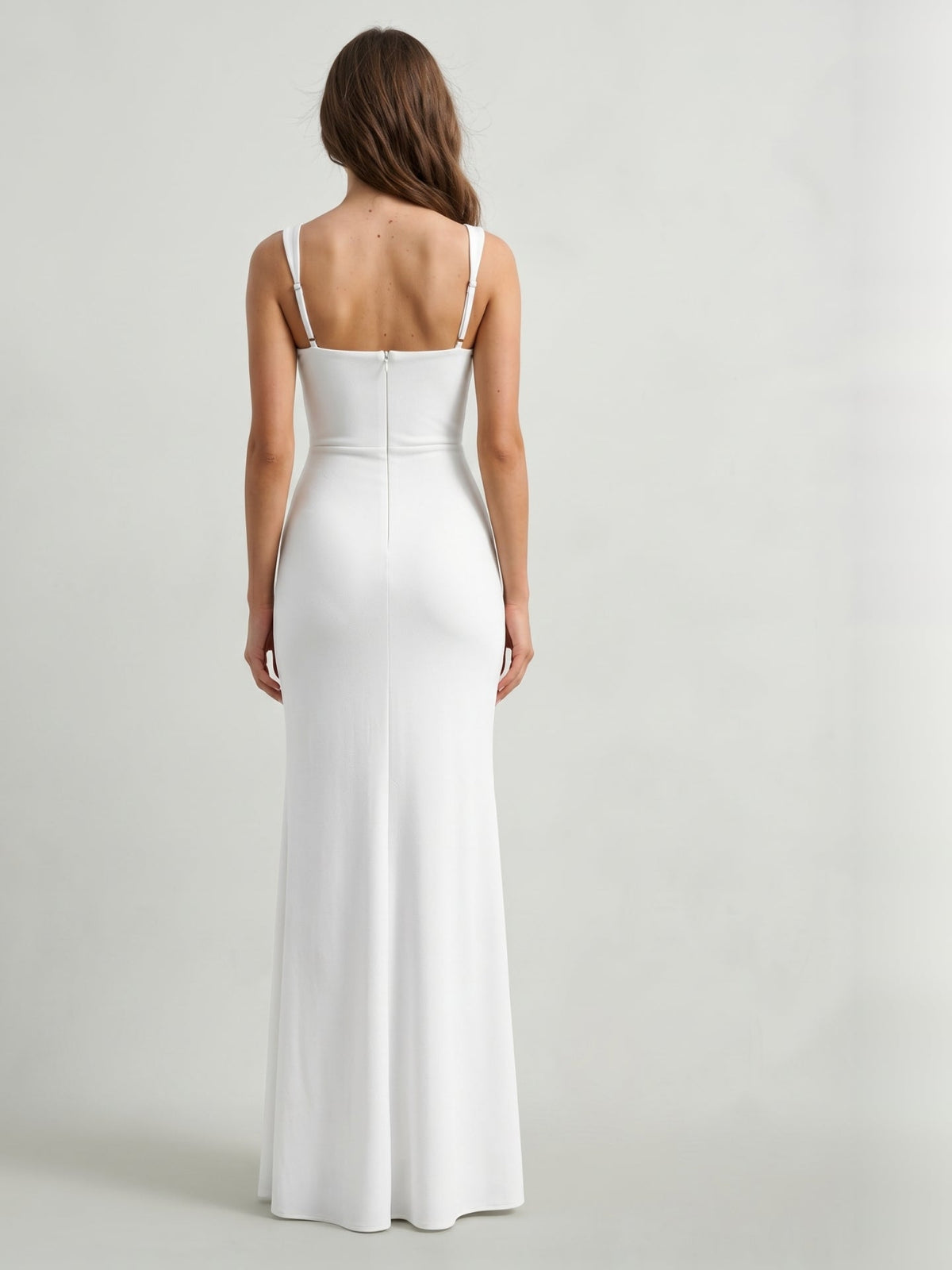 White Stretch Knit Sheath Square Neck Back Zip Floor-Length Bridesmaid Dress with Pleats - Curvevia