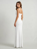 White Stretch Knit Sheath Square Neck Back Zip Floor-Length Bridesmaid Dress with Pleats - Curvevia