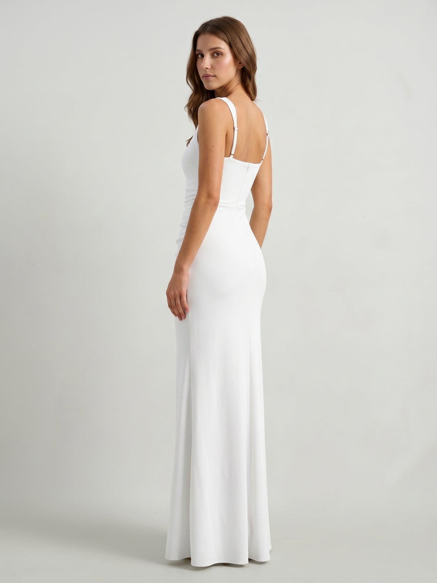 White Stretch Knit Sheath Square Neck Back Zip Floor-Length Bridesmaid Dress with Pleats - Curvevia