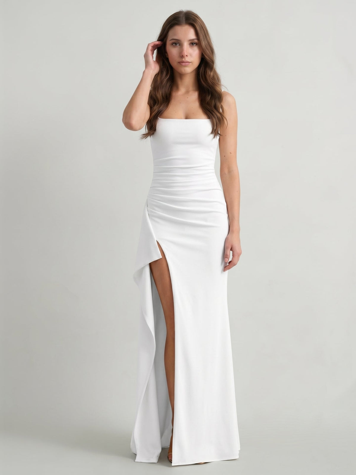 White Stretch Knit Sheath Square Neck Back Zip Floor-Length Bridesmaid Dress with Pleats - Curvevia