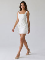 White Stretch Knit Sheath Square Neck Back Zip Short Evening Dress - Curvevia