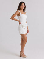 White Stretch Knit Sheath Square Neck Back Zip Short Evening Dress - Curvevia