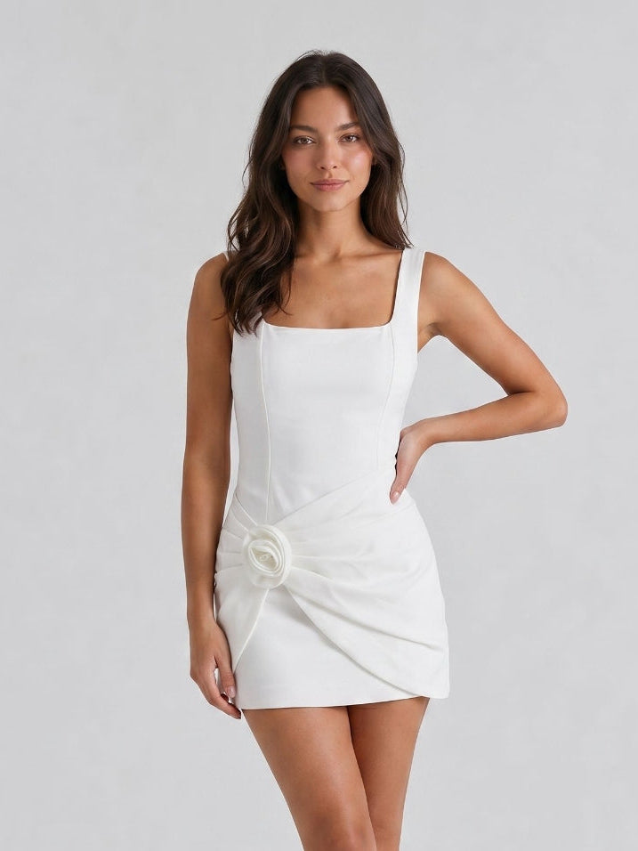 White Stretch Knit Sheath Square Neck Back Zip Short Evening Dress - Curvevia