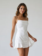 White Stretch Knit Sheath Square Neck Lace-Up Mini Homecoming Dress with Pleats - Curvevia