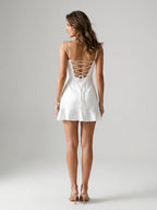 White Stretch Knit Sheath Square Neck Lace-Up Mini Homecoming Dress with Pleats - Curvevia