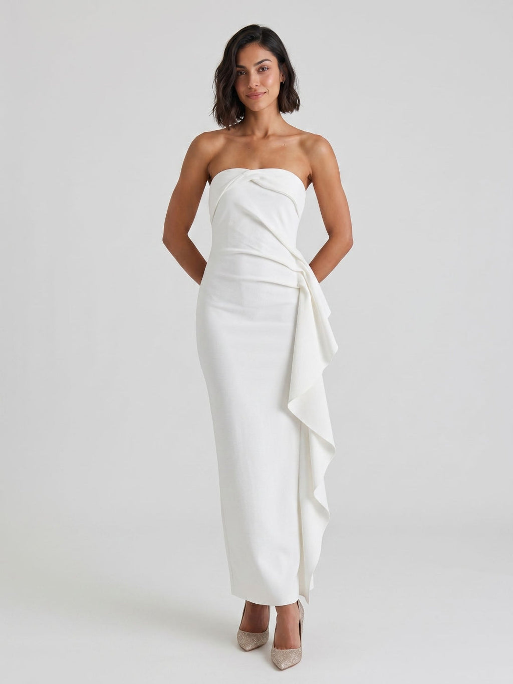 White Stretch Knit Sheath Straight Neck Ankle-Length Evening Dress with Back Zip - Curvevia