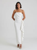 White Stretch Knit Sheath Straight Neck Ankle-Length Evening Dress with Back Zip - Curvevia