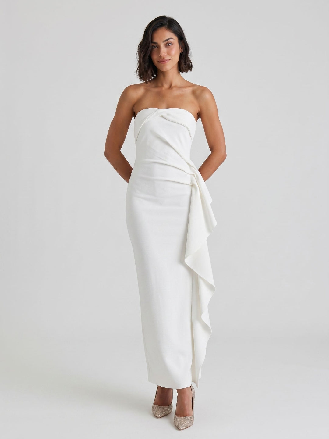 White Stretch Knit Sheath Straight Neck Ankle-Length Evening Dress with Back Zip - Curvevia