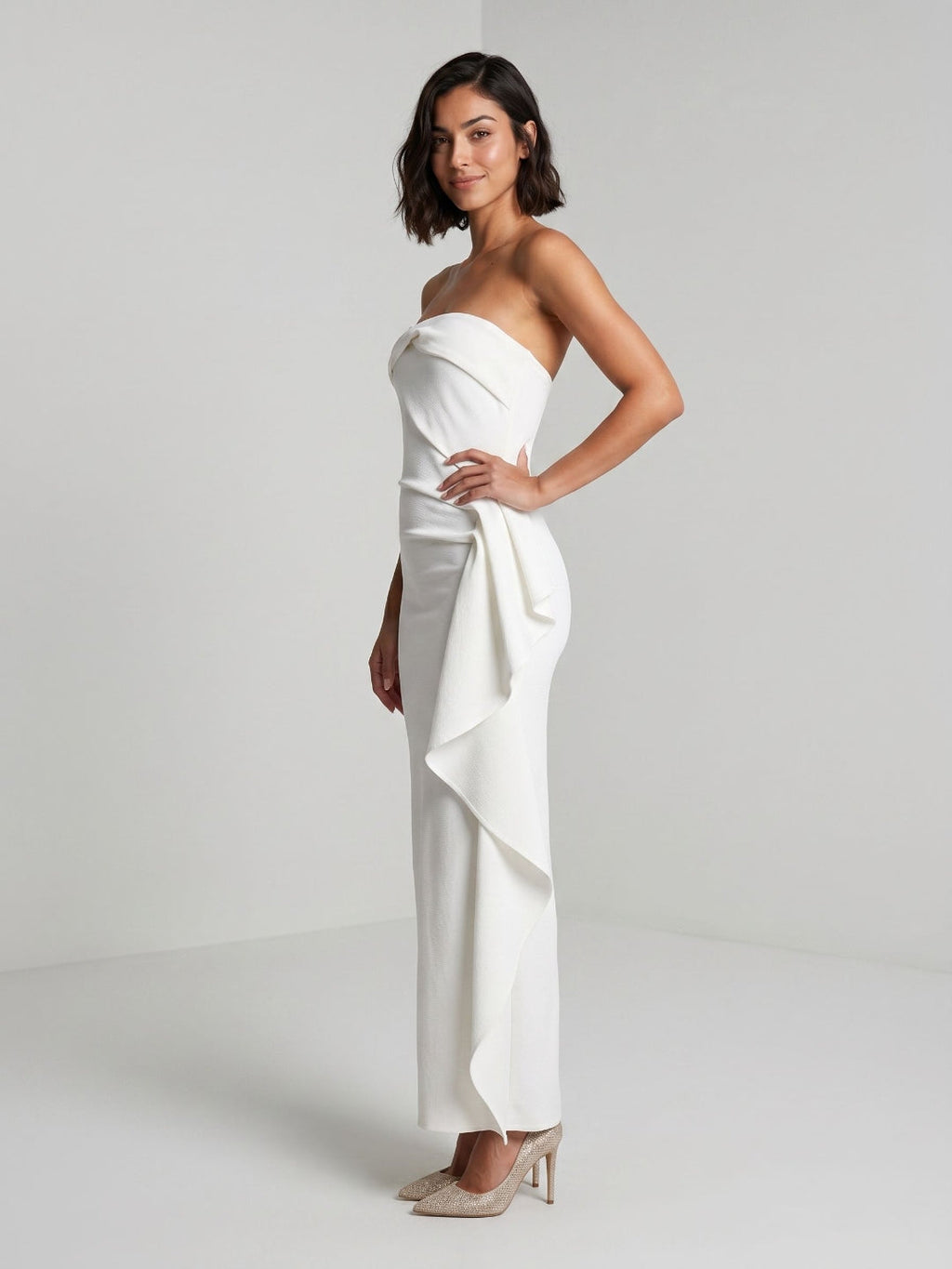 White Stretch Knit Sheath Straight Neck Ankle-Length Evening Dress with Back Zip - Curvevia