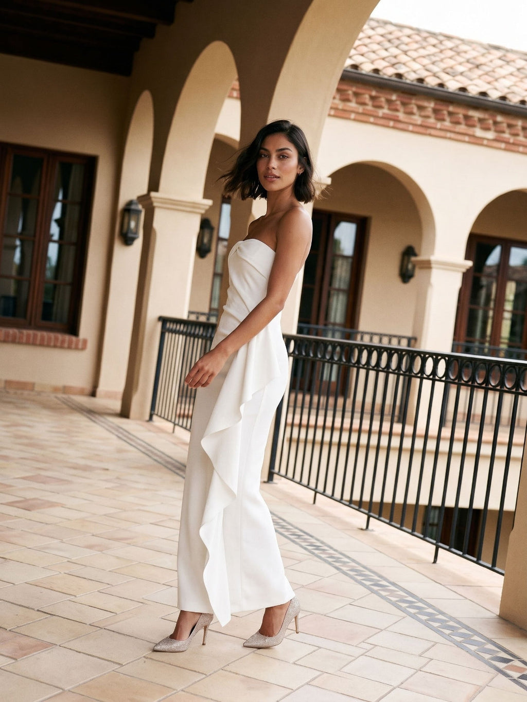 White Stretch Knit Sheath Straight Neck Ankle-Length Evening Dress with Back Zip - Curvevia