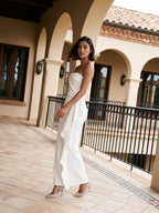 White Stretch Knit Sheath Straight Neck Ankle-Length Evening Dress with Back Zip - Curvevia