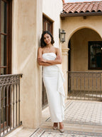 White Stretch Knit Sheath Straight Neck Ankle-Length Evening Dress with Back Zip - Curvevia