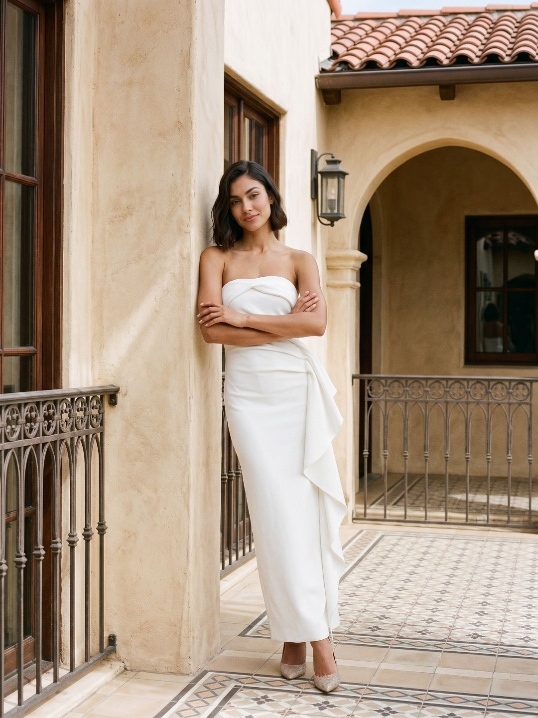 White Stretch Knit Sheath Straight Neck Ankle-Length Evening Dress with Back Zip - Curvevia