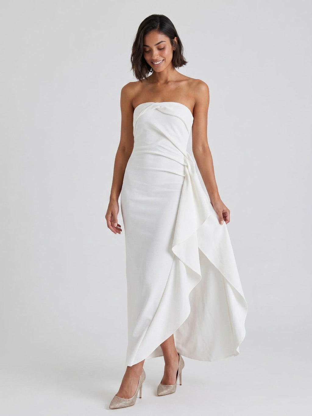 White Stretch Knit Sheath Straight Neck Ankle-Length Evening Dress with Back Zip - Curvevia
