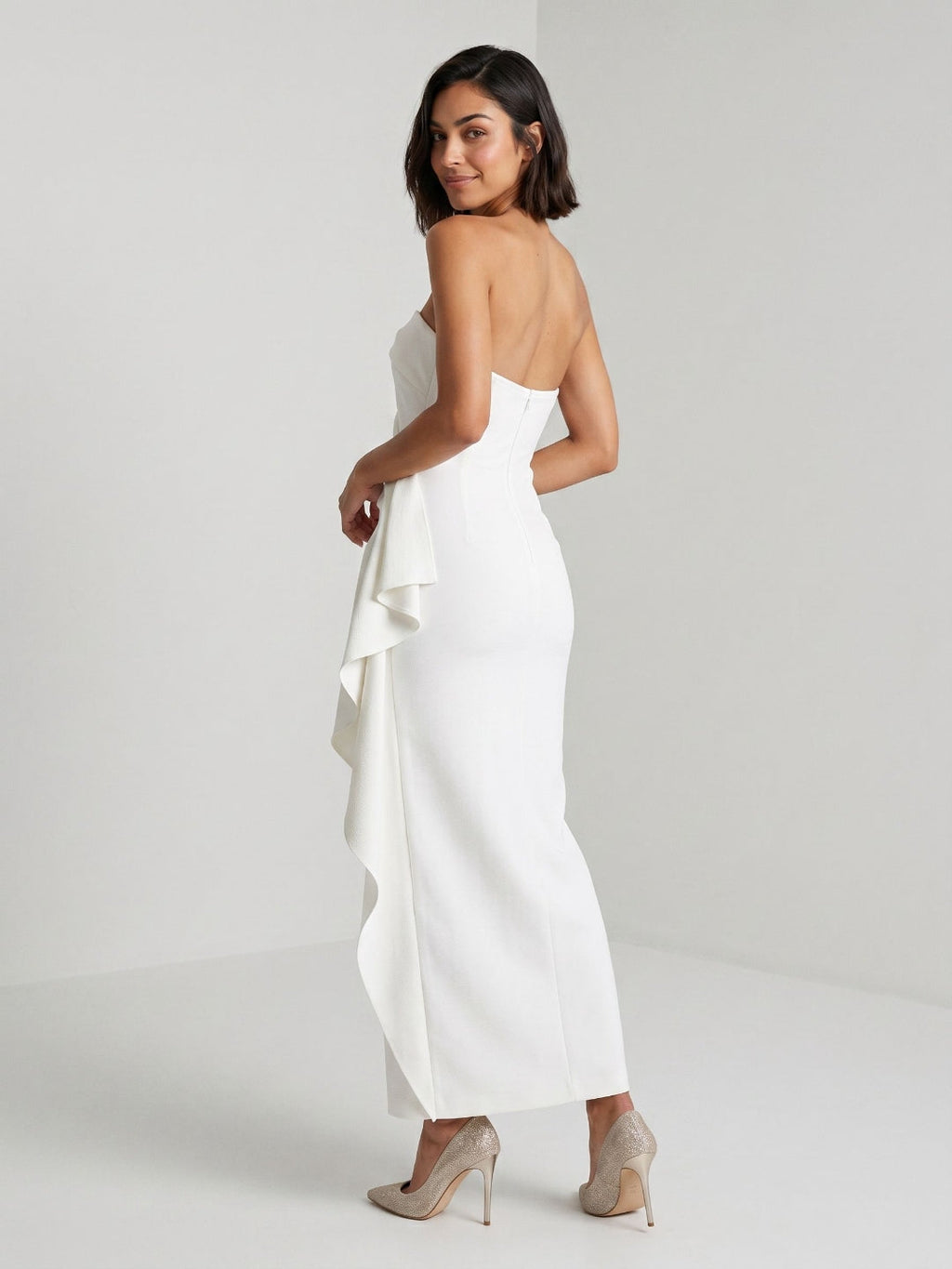 White Stretch Knit Sheath Straight Neck Ankle-Length Evening Dress with Back Zip - Curvevia