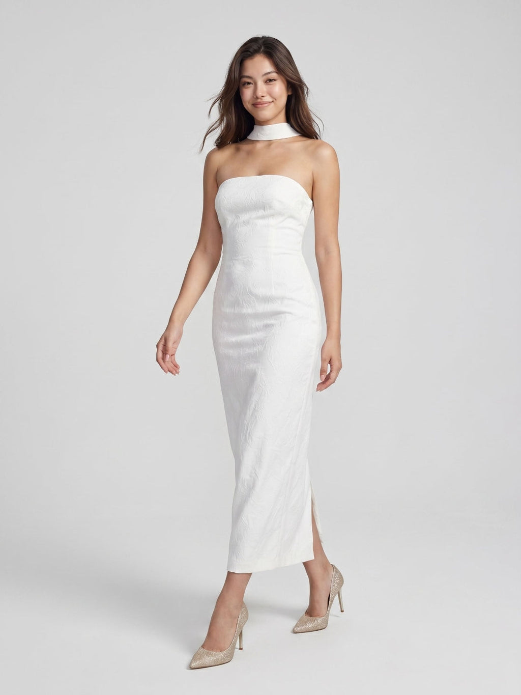 White Stretch Knit Sheath Straight Neck Back Zip Ankle-Length Evening Dress - Curvevia