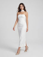 White Stretch Knit Sheath Straight Neck Back Zip Ankle-Length Evening Dress - Curvevia